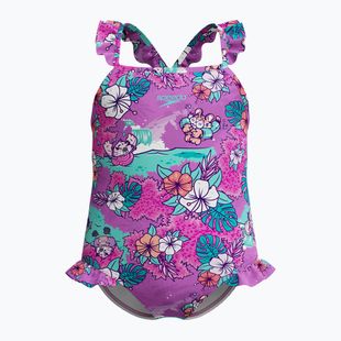 Strój pływacki jednoczęściowy dziecięcy Speedo Learn To Swim Printed Frill Thinstrap neon violet