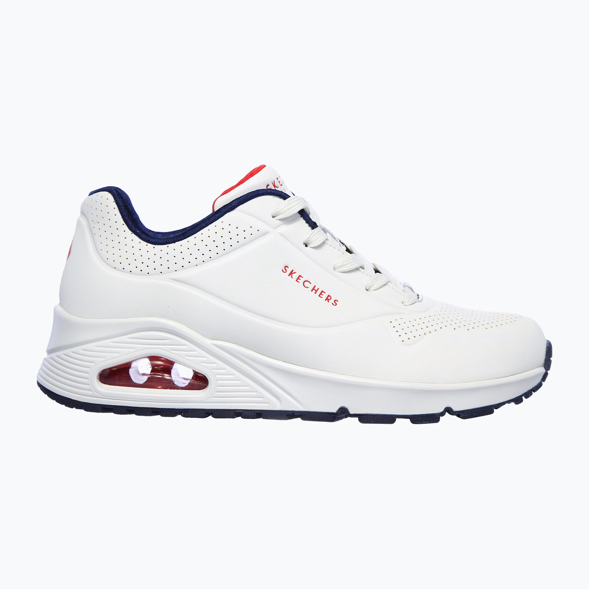 Buty SKECHERS Uno Stand On Air white durabuck/navy/red trim/mesh 