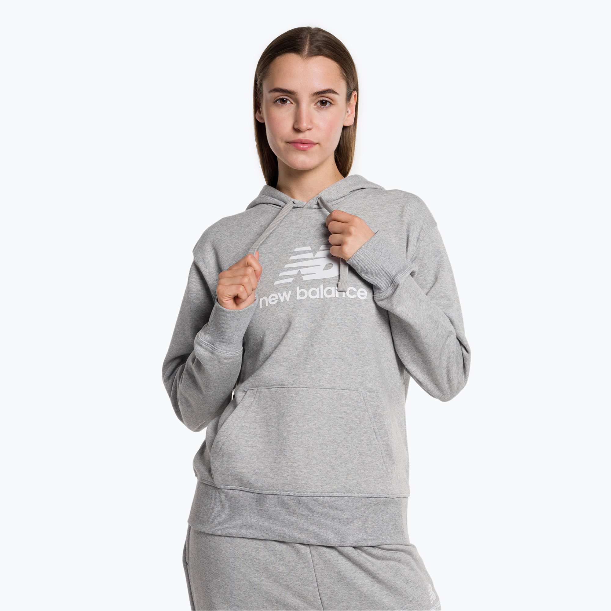 Bluza damska New Balance Essentials Stacked Logo French Terry Hoodie athletic grey | WYSYŁKA W 24H | 30 DNI NA ZWROT