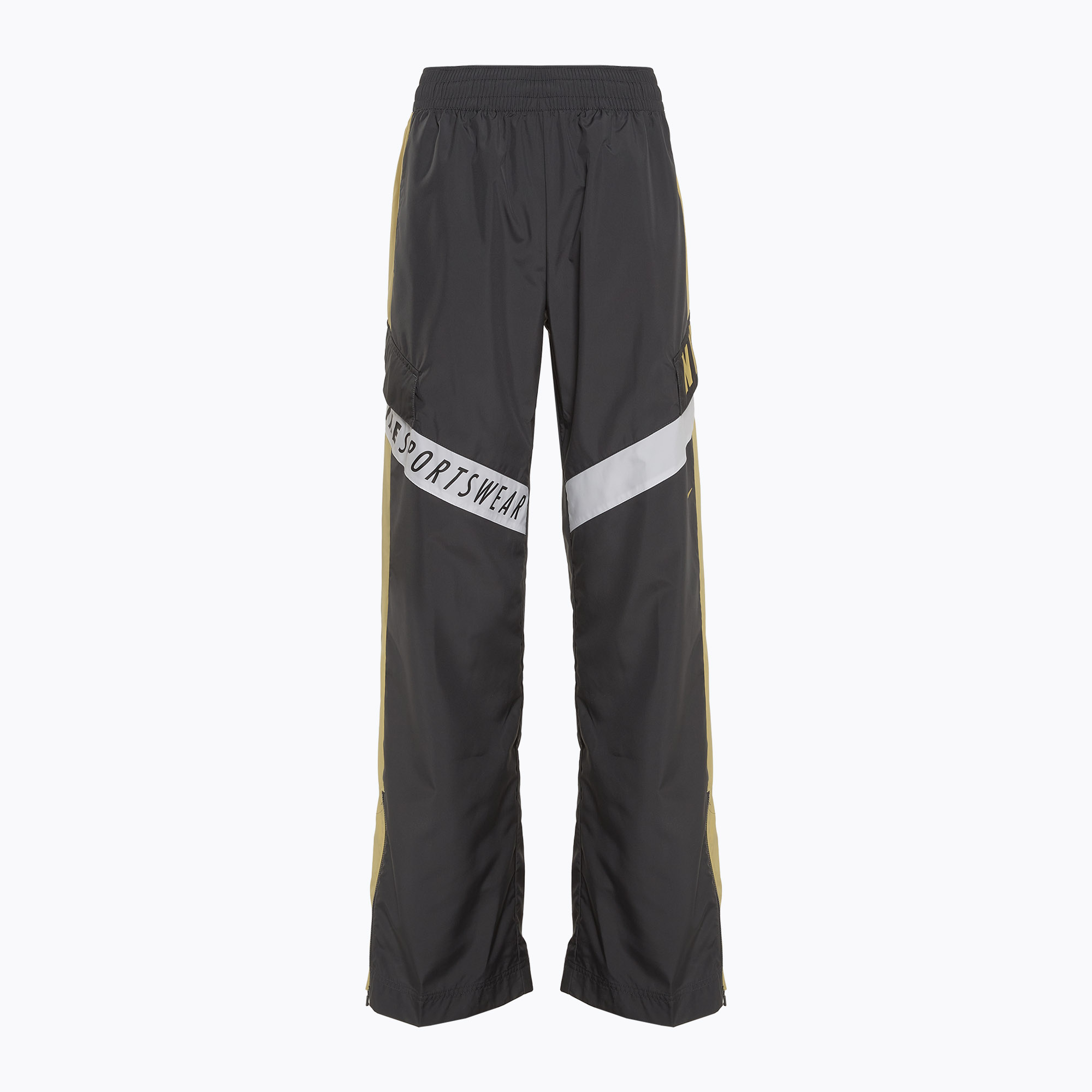 Spodnie damskie Nike Sportswear Woven High-Waisted dark smoke grey/saturn gold/white | WYSYŁKA W 24H | 30 DNI NA ZWROT