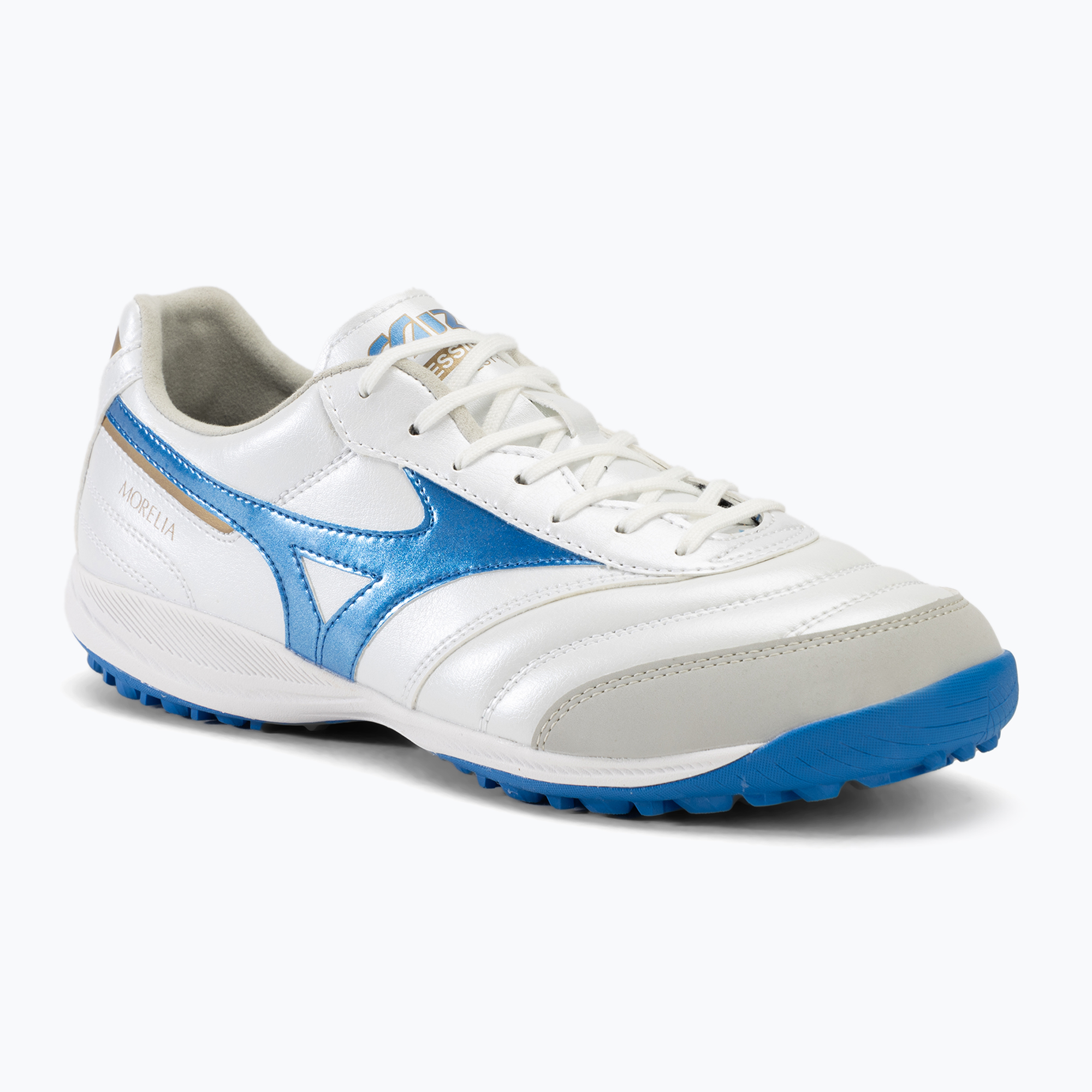 Buty piłkarskie męskie Mizuno Morelia Sala Pro TF white/laser blue/gold | WYSYŁKA W 24H | 30 DNI NA ZWROT