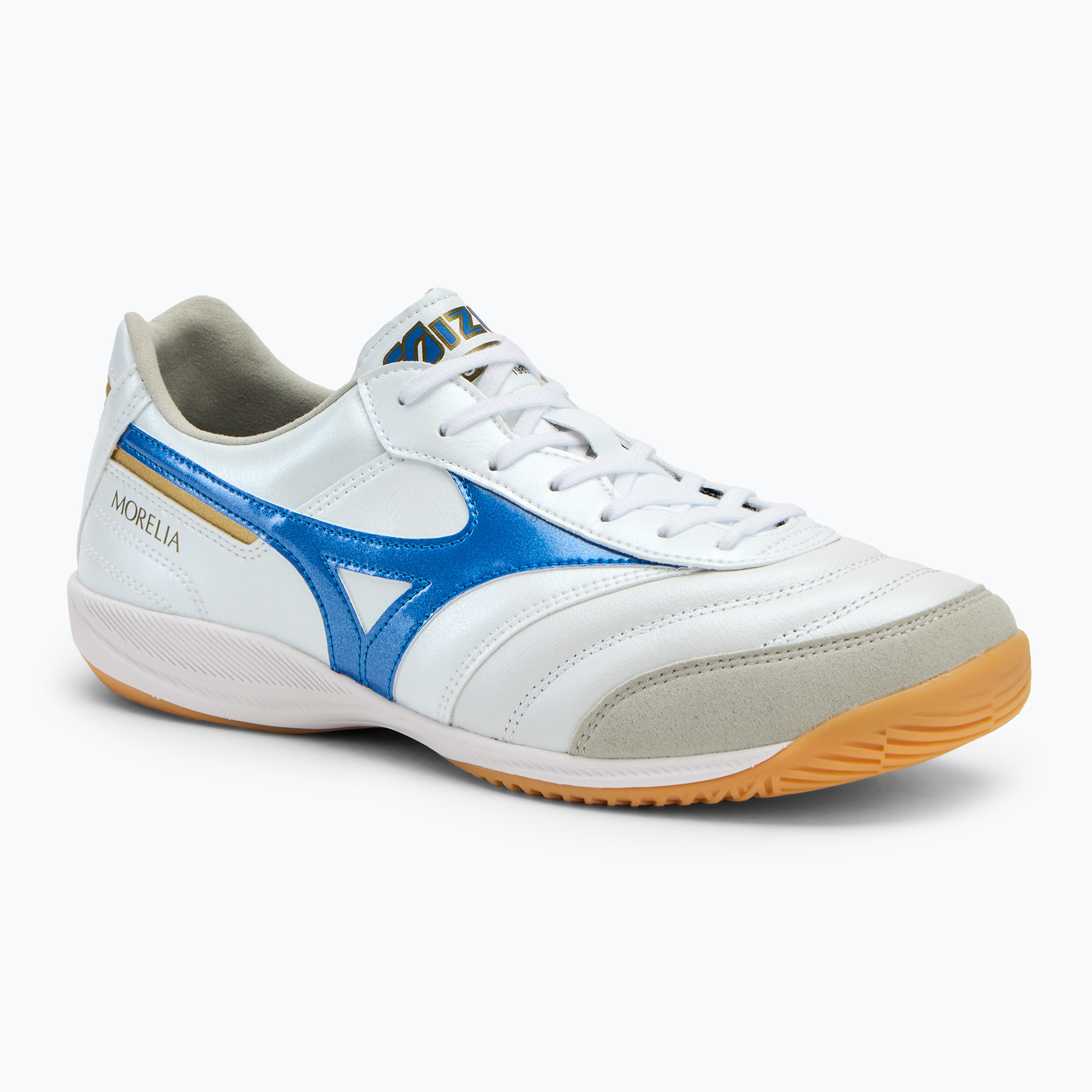 Buty piłkarskie męskie Mizuno Morelia Sala Elite IN white/laser blue/gold | WYSYŁKA W 24H | 30 DNI NA ZWROT