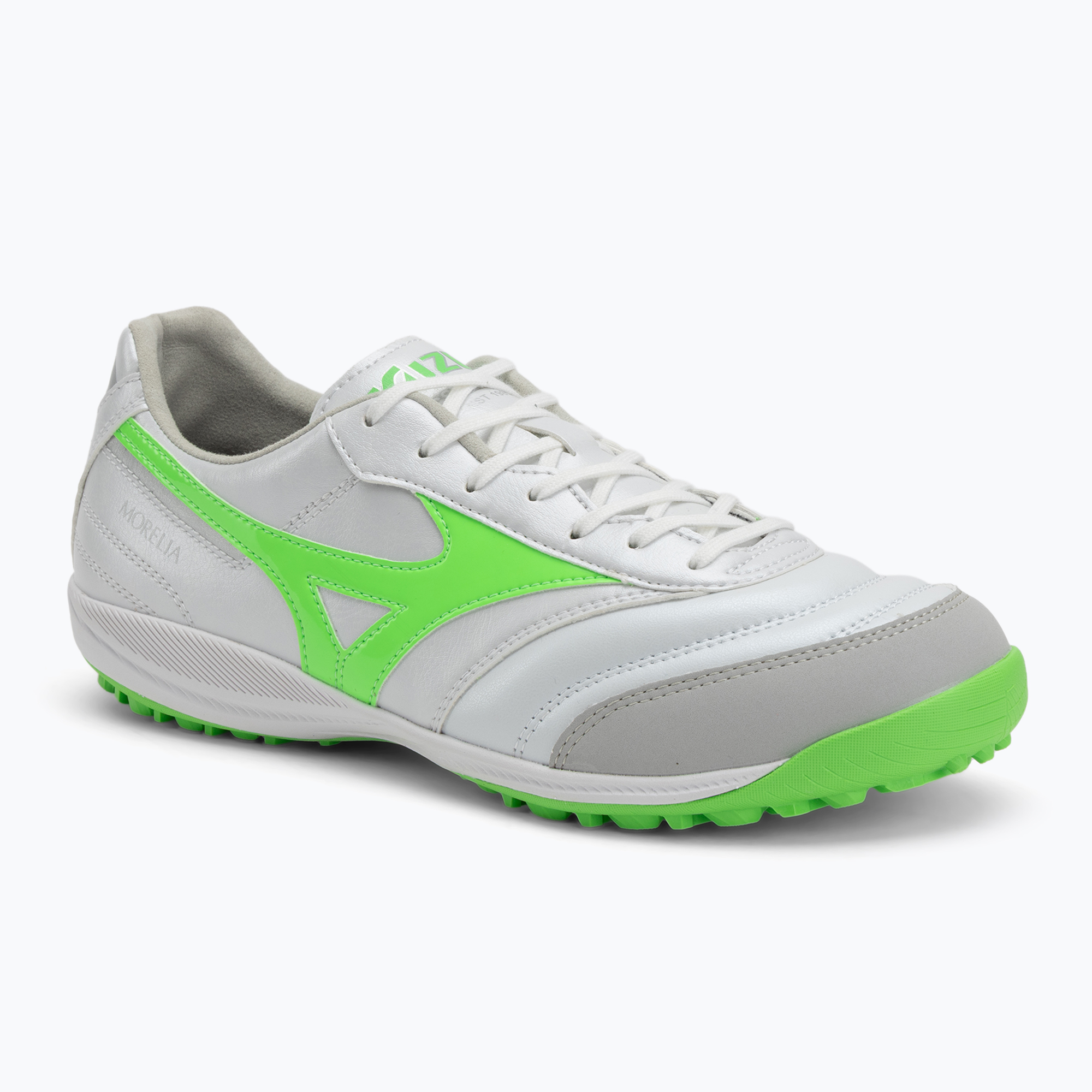 Buty piłkarskie męskie Mizuno Morelia Sala Pro TF white/neon green/galaxy silver 