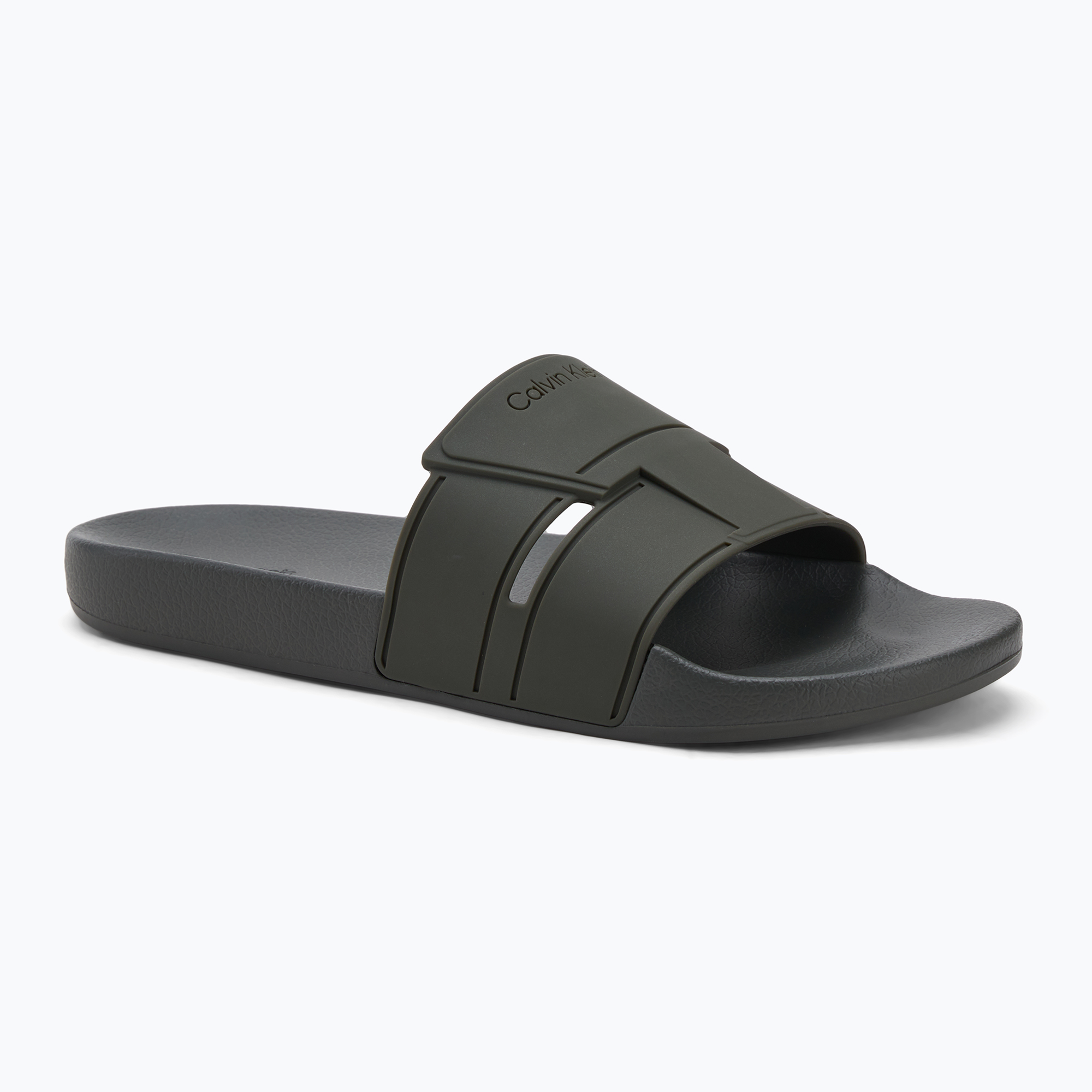 Klapki męskie Calvin Klein HM0HM01752 Pool Slide Double T dark olive 
